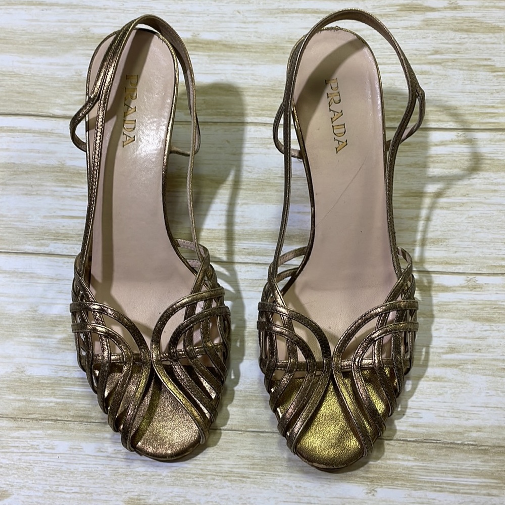 Prada womens 39 US 8 gold shine leather strap heel shoes EUC made in Italy EUC - Picture 2 of 8